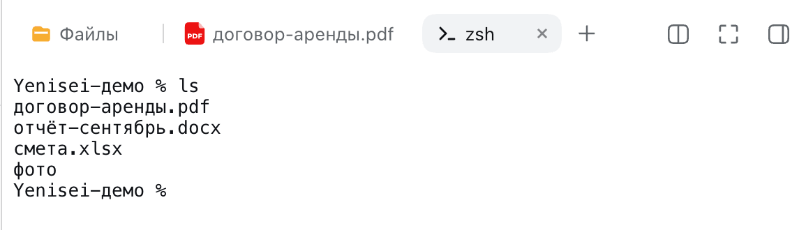 Терминал в рабочей папке после команды ls