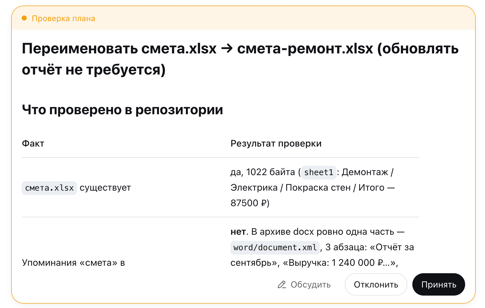 Plan with the buttons "Discuss", "Reject", and "Accept"