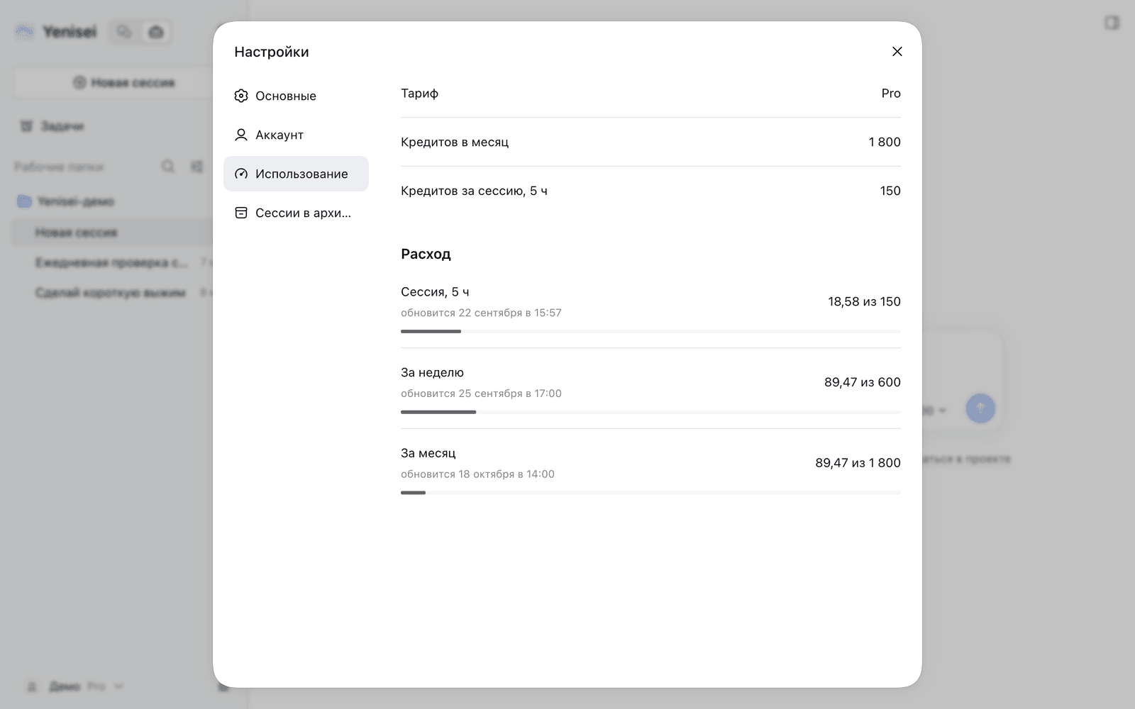 The "Usage" section: plan and usage bars