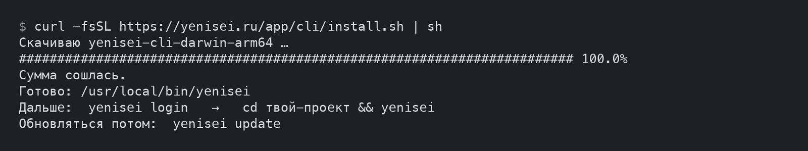 Installer output: download, checksum verification and the path where the program was installed
