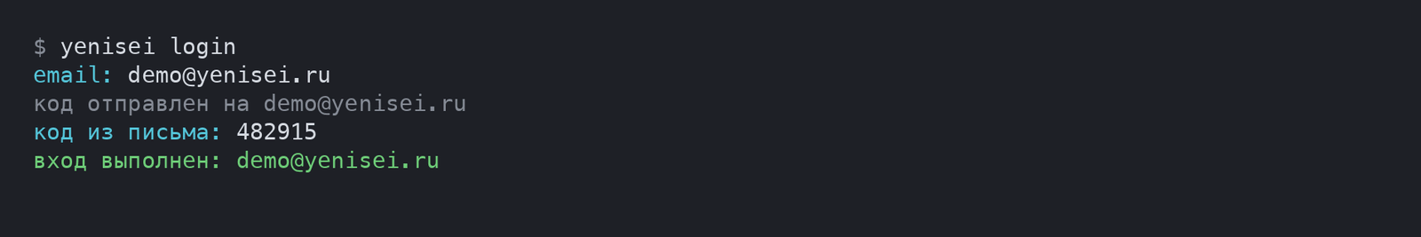 Output of yenisei login: prompts for the email address and the code from the email, and a message that you are signed in