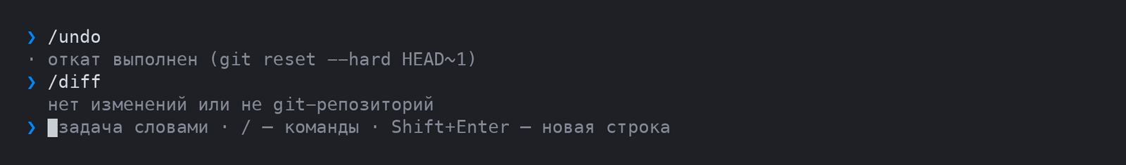 The /undo command rolls back an edit, /diff shows there are no changes